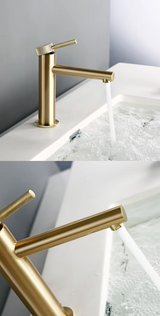 GoldKnurl One – Luxe Geborsteld Gouden Wastafelkraan met 360° Rotatie