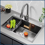 Luxe Zwarte Multifunctionele Keukenspoelbak – 304 RVS | 68 of 75 cm | Met Flying Rain Uittrekbare Kraan & Accessoires