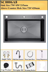 Luxe Zwarte Multifunctionele Keukenspoelbak – 304 RVS | 68 of 75 cm | Met Flying Rain Uittrekbare Kraan & Accessoires