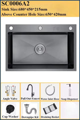 Luxe Zwarte Multifunctionele Keukenspoelbak – 304 RVS | 68 of 75 cm | Met Flying Rain Uittrekbare Kraan & Accessoires