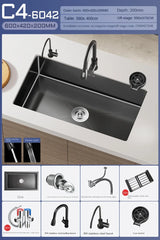 Luxe Waterval Keukenspoelbak – Zwart RVS | Enkelbak | Onderbouw | Inclusief Kraan & Zeepdispenser