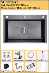 Luxe Zwarte Multifunctionele Keukenspoelbak – 304 RVS | 68 of 75 cm | Met Flying Rain Uittrekbare Kraan & Accessoires