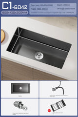 Luxe Waterval Keukenspoelbak – Zwart RVS | Enkelbak | Onderbouw | Inclusief Kraan & Zeepdispenser