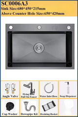 Luxe Zwarte Multifunctionele Keukenspoelbak – 304 RVS | 68 of 75 cm | Met Flying Rain Uittrekbare Kraan & Accessoires