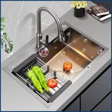 Luxe Zwarte Multifunctionele Keukenspoelbak – 304 RVS | 68 of 75 cm | Met Flying Rain Uittrekbare Kraan & Accessoires