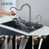 Luxe RVS Keukenspoelbak met Digitale Kraan – 75x45 cm | Gun Grey | Bovenbouw | Waterval Afvoer & Zeepdispenser