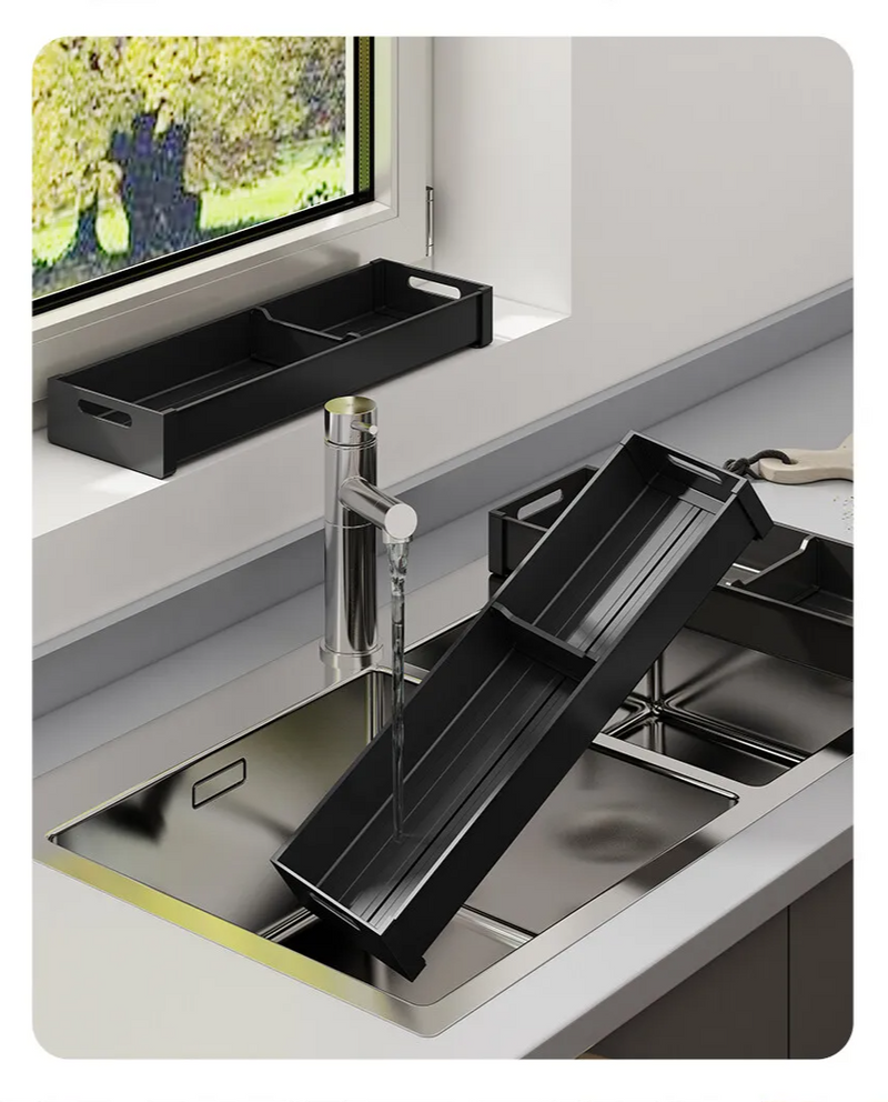 SlideDry Uittrekbaar Afdruiprek – Verstelbare Lade Organizer voor Bestek, Borden & Keukenopslag