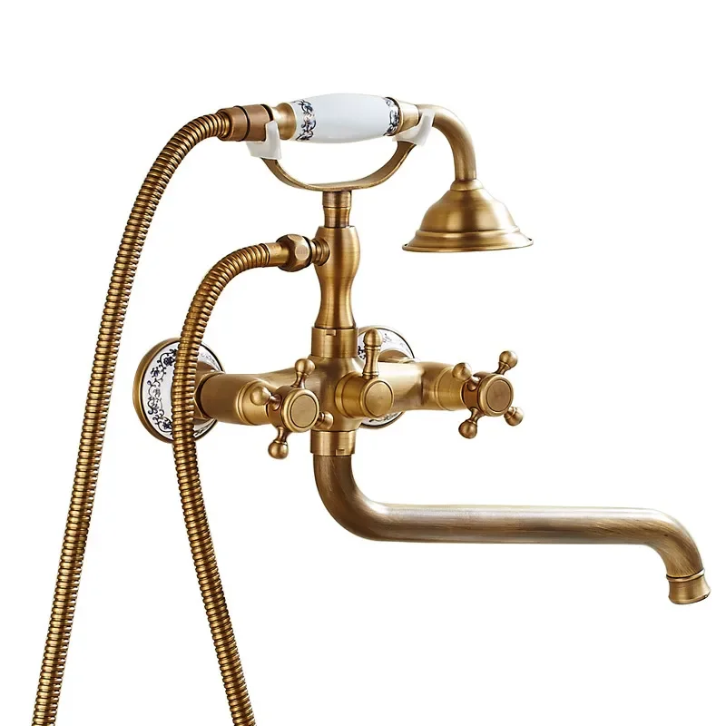 ZGRK Luxe Retro Douchekraan Set – Messing Wandmodel met Handdouche & Verlengde Uitloop