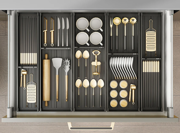 SlideDry Uittrekbaar Afdruiprek – Verstelbare Lade Organizer voor Bestek, Borden & Keukenopslag