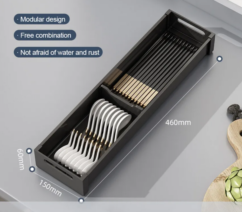 SlideDry Uittrekbaar Afdruiprek – Verstelbare Lade Organizer voor Bestek, Borden & Keukenopslag