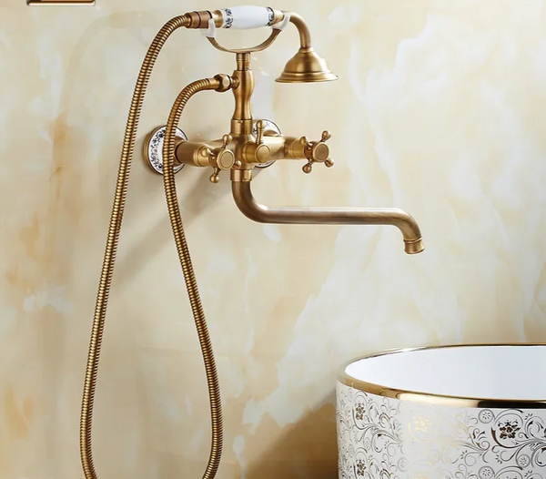 ZGRK Luxe Retro Douchekraan Set – Messing Wandmodel met Handdouche & Verlengde Uitloop