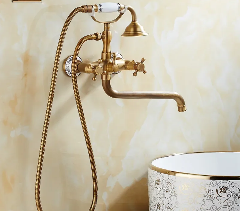ZGRK Luxe Retro Douchekraan Set – Messing Wandmodel met Handdouche & Verlengde Uitloop