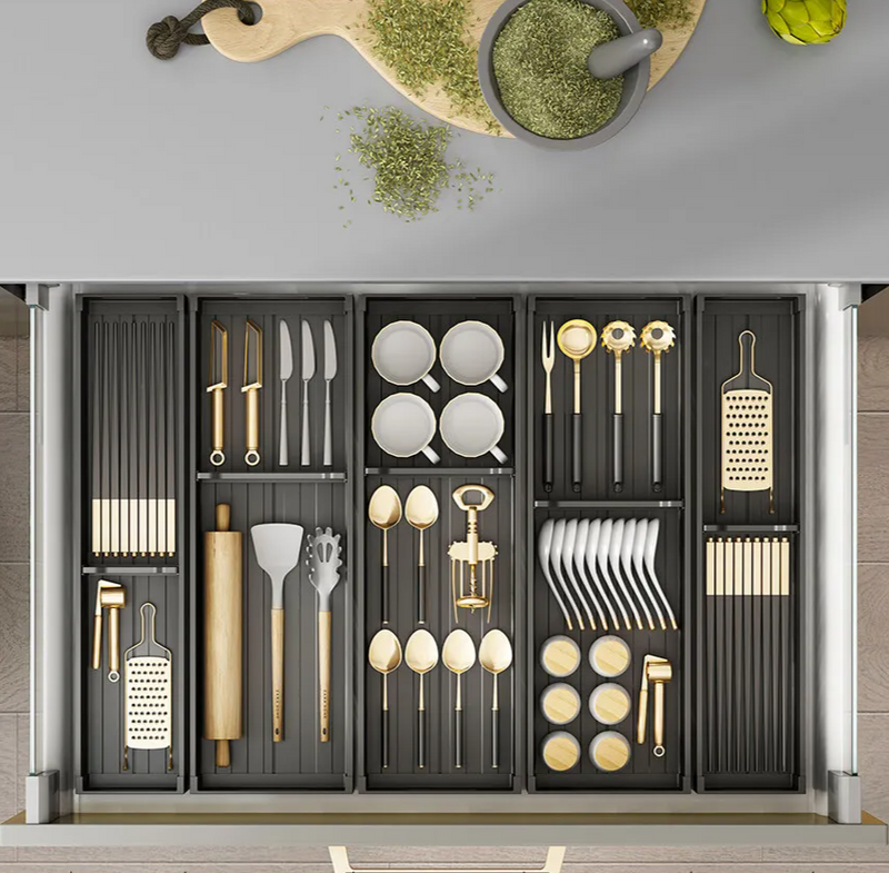 SlideDry Uittrekbaar Afdruiprek – Verstelbare Lade Organizer voor Bestek, Borden & Keukenopslag