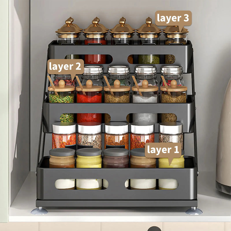 SpiceTower 3-laags Opvouwbaar Keukenrek – Metalen Kruidenrek & Hoek Organizer – Vrijstaand, Stevig & Stijlvol Zwart