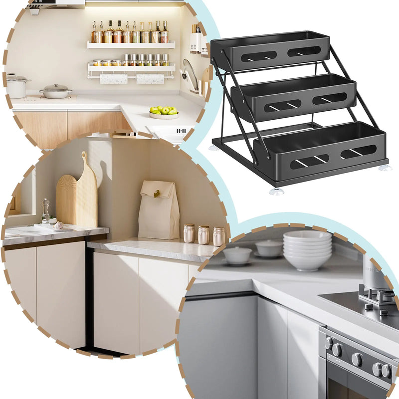 SpiceTower 3-laags Opvouwbaar Keukenrek – Metalen Kruidenrek & Hoek Organizer – Vrijstaand, Stevig & Stijlvol Zwart