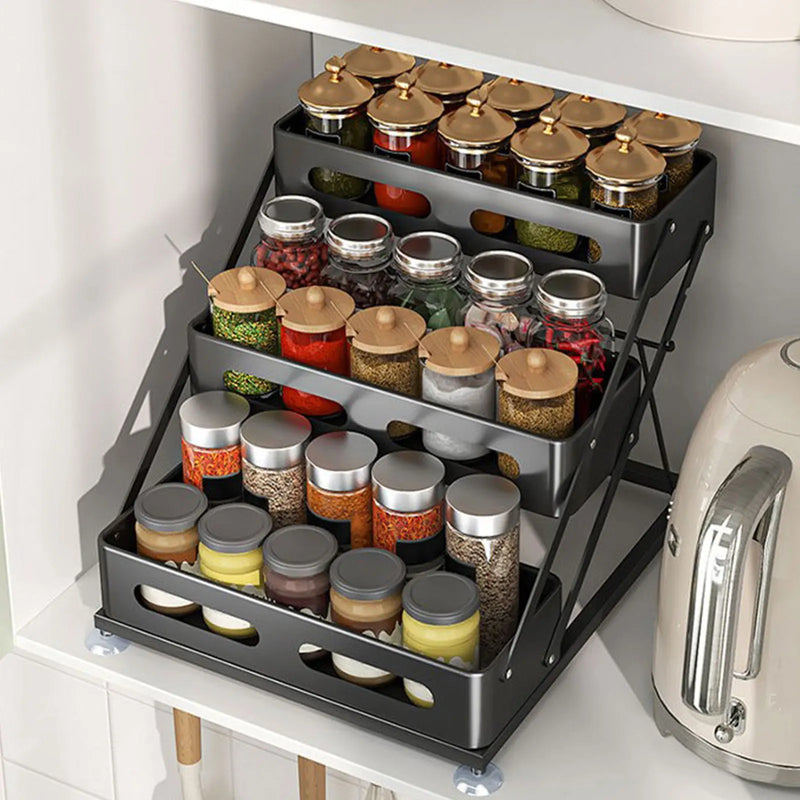 SpiceTower 3-laags Opvouwbaar Keukenrek – Metalen Kruidenrek & Hoek Organizer – Vrijstaand, Stevig & Stijlvol Zwart