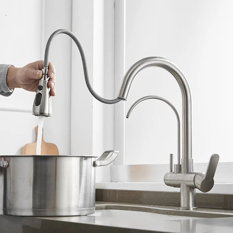 Touch Sensor Wastafelkraan – Uittrekbaar | Chroom | Dubbele Handgreep | Koud & Warm Water