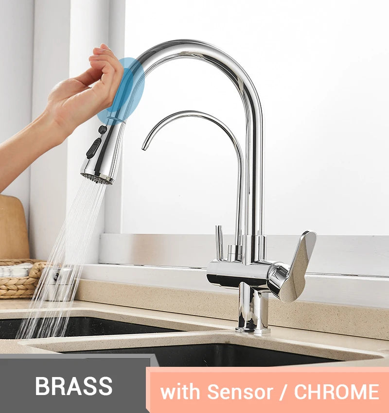 Touch Sensor Wastafelkraan – Uittrekbaar | Chroom | Dubbele Handgreep | Koud & Warm Water