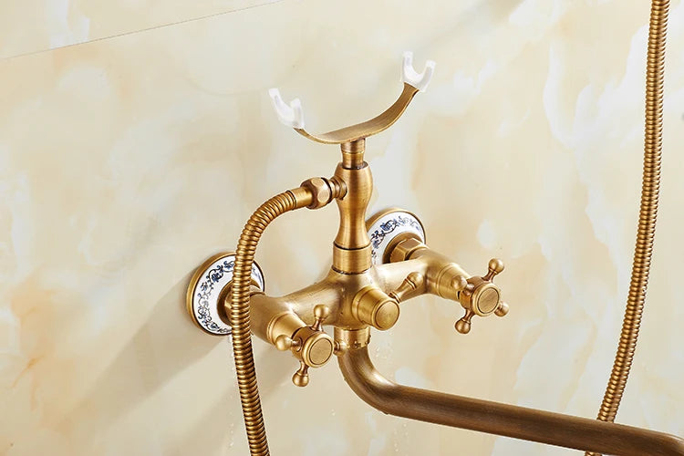 ZGRK Luxe Retro Douchekraan Set – Messing Wandmodel met Handdouche & Verlengde Uitloop