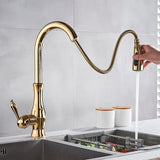 Gouden Keukenkraan met Uittrekbare Spuiter – Messing | Warm & Koud Water