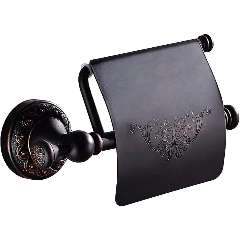 RetroRoll Zwart Antiek Toiletpapierhouder – Smeedijzeren Look met Sierlijke Gravure
