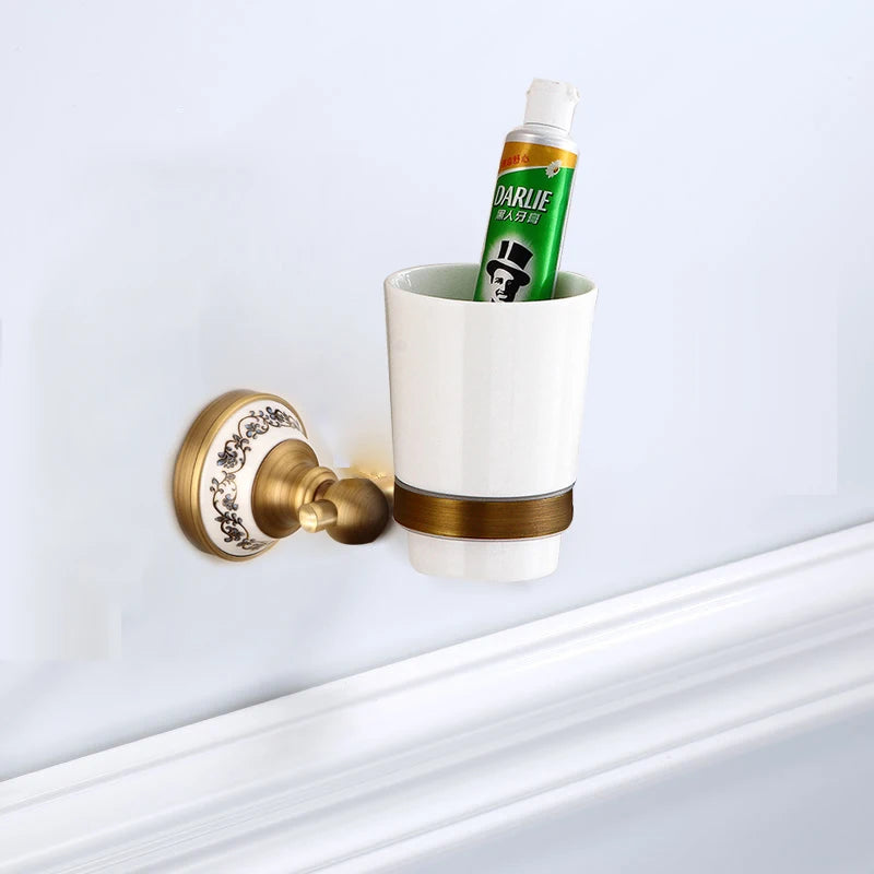 RoyalRetro Antiek Messing Badkamer Accessoireset met Porselein