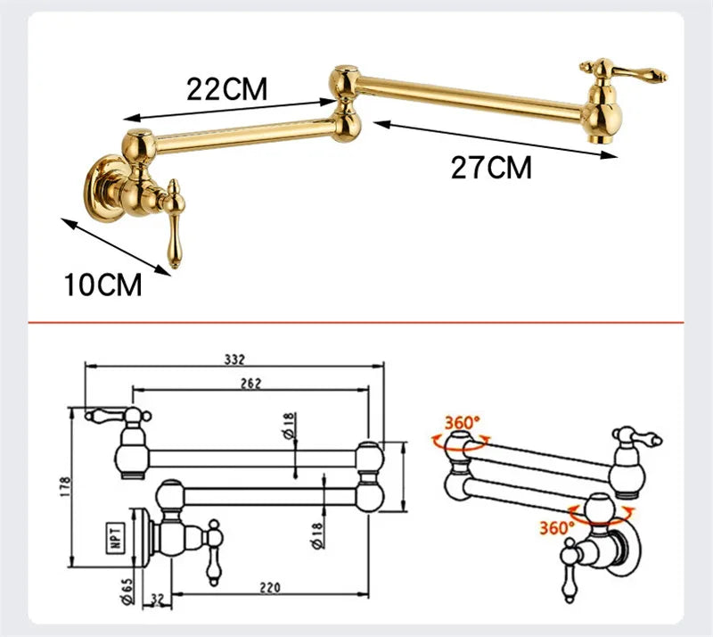 RoyalPour – Luxe Goudkleurige Uitschuifbare Pot Filler Wandkraan