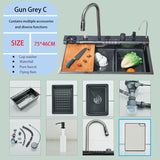 Luxe RVS Keukenspoelbak met Digitale Kraan – 75x45 cm | Gun Grey | Bovenbouw | Waterval Afvoer & Zeepdispenser