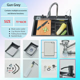 Luxe RVS Keukenspoelbak met Digitale Kraan – 75x45 cm | Gun Grey | Bovenbouw | Waterval Afvoer & Zeepdispenser