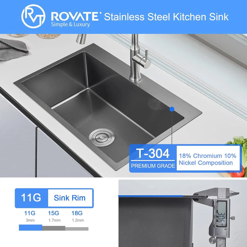 Zwarte Keukenspoelbak – Enkelbak | Topmount | 304 RVS | 9 Inch Diep