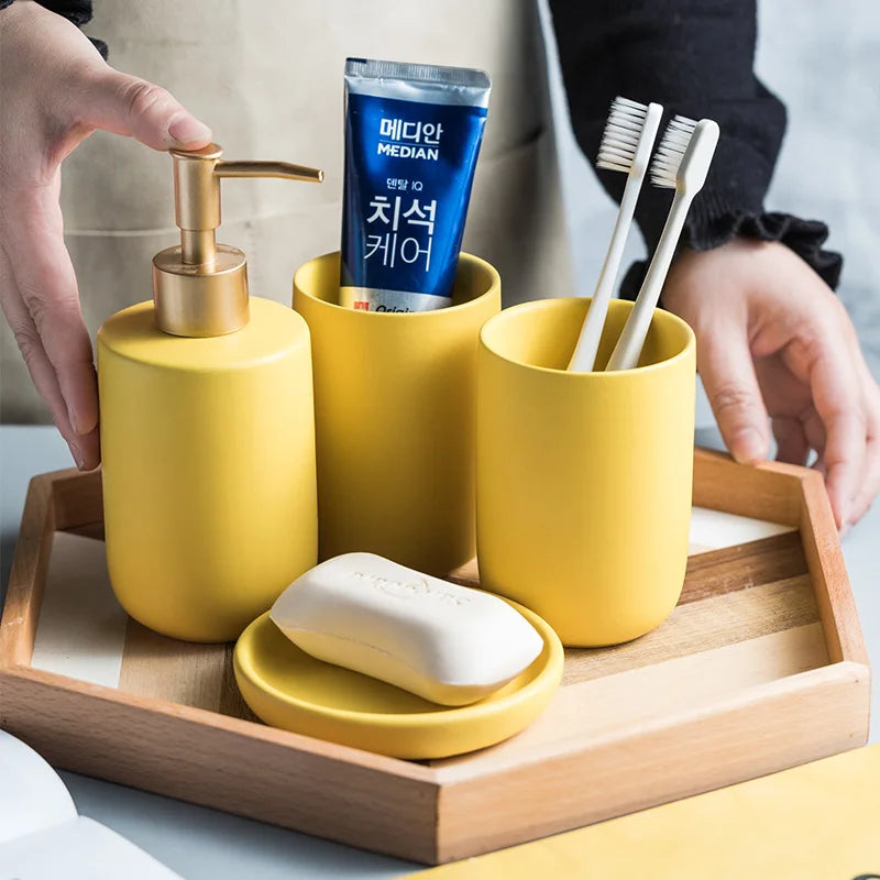 ScandiLuxe Scandinavische Badkamerset – 4-delige Keramische Wasset met Tandenborstelbeker