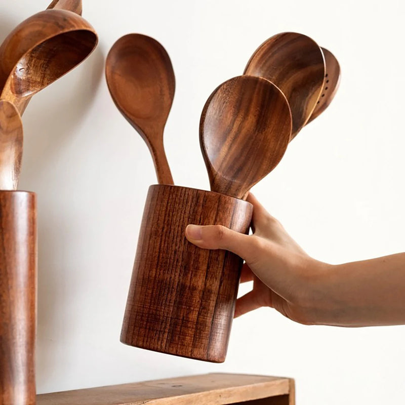 EcoWood – Luxe Houten Keukengerei Set met Opbergemmer