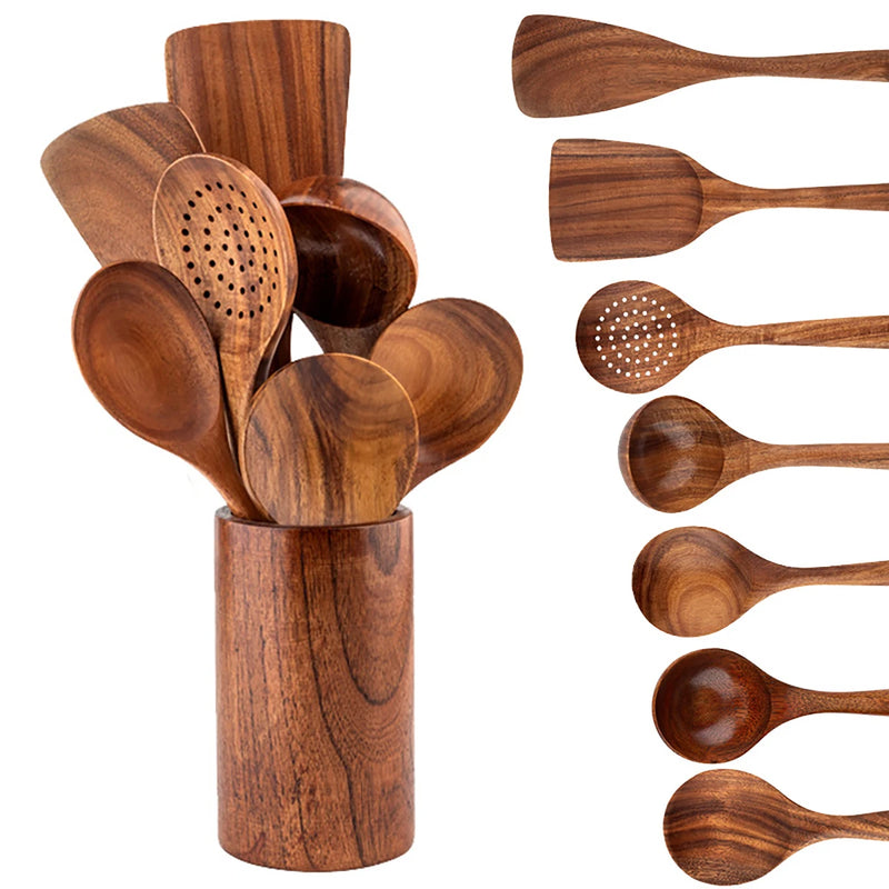 EcoWood – Luxe Houten Keukengerei Set met Opbergemmer