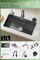 Luxe Waterval Keukenspoelbak – Zwart RVS | Enkelbak | Onderbouw | Inclusief Kraan & Zeepdispenser