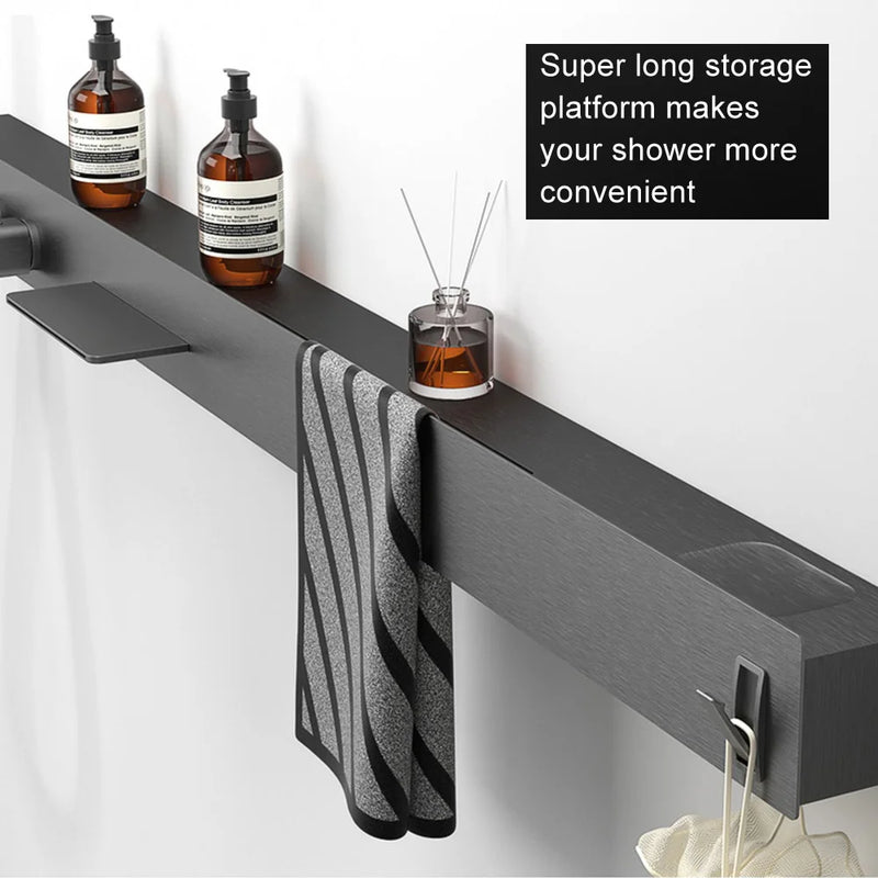 Super Luxe Wandmontage Douchesysteem met Opbergrek en Handdoekhouder – Geborsteld Gun Grijs