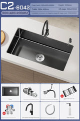 Luxe Waterval Keukenspoelbak – Zwart RVS | Enkelbak | Onderbouw | Inclusief Kraan & Zeepdispenser