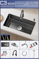 Luxe Waterval Keukenspoelbak – Zwart RVS | Enkelbak | Onderbouw | Inclusief Kraan & Zeepdispenser