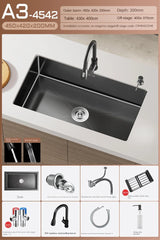 Luxe Waterval Keukenspoelbak – Zwart RVS | Enkelbak | Onderbouw | Inclusief Kraan & Zeepdispenser