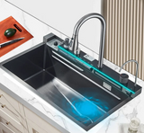 Luxe RVS Keukenspoelbak met Digitale Kraan – 75x45 cm | Gun Grey | Bovenbouw | Waterval Afvoer & Zeepdispenser