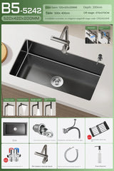 Luxe Waterval Keukenspoelbak – Zwart RVS | Enkelbak | Onderbouw | Inclusief Kraan & Zeepdispenser