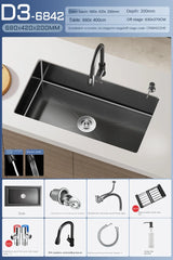 Luxe Waterval Keukenspoelbak – Zwart RVS | Enkelbak | Onderbouw | Inclusief Kraan & Zeepdispenser