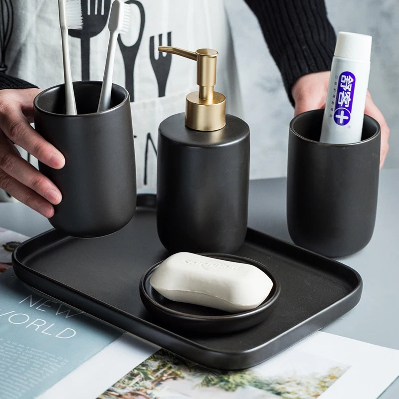 ScandiLuxe Scandinavische Badkamerset – 4-delige Keramische Wasset met Tandenborstelbeker
