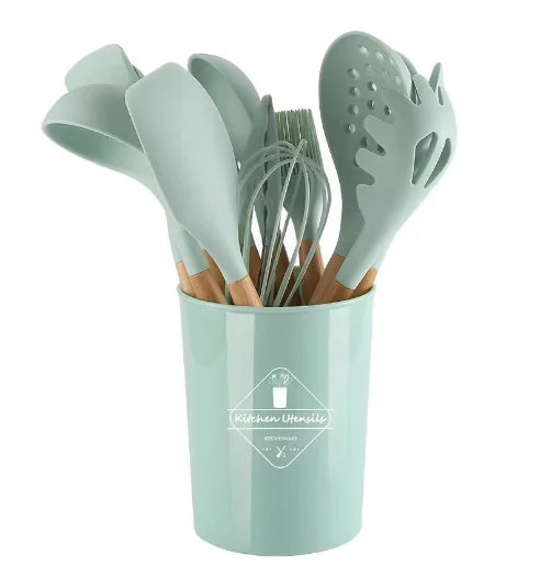 ChefEase – 12-delige Siliconen Kookgerei Set met Houten Handgrepen