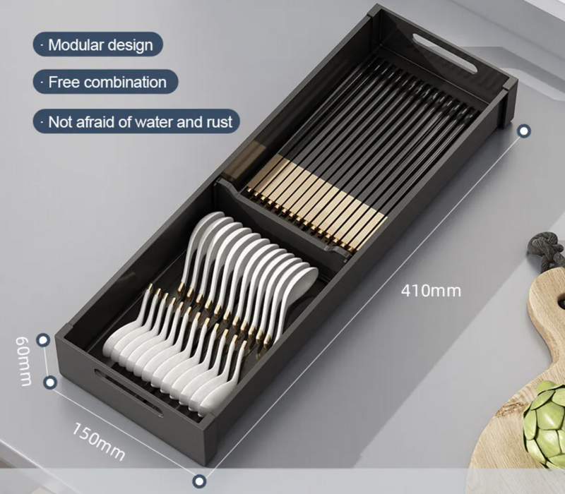 SlideDry Uittrekbaar Afdruiprek – Verstelbare Lade Organizer voor Bestek, Borden & Keukenopslag