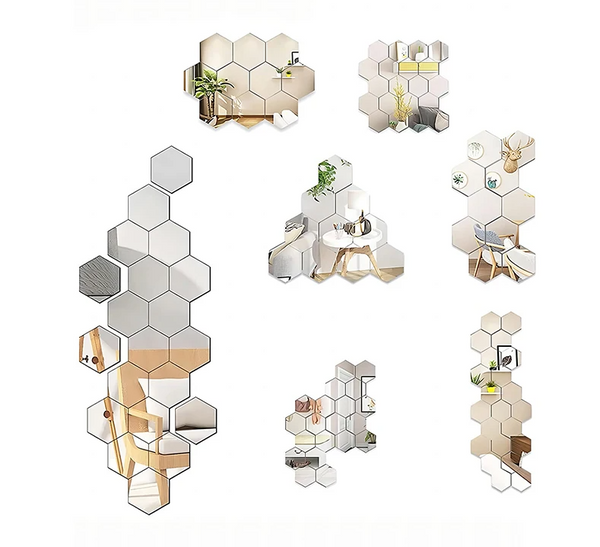 HexaShine – 45-delige Zeshoekige Spiegelmuursticker Set