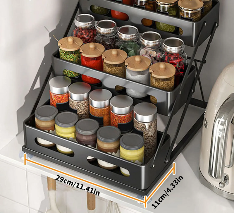 SpiceTower 3-laags Opvouwbaar Keukenrek – Metalen Kruidenrek & Hoek Organizer – Vrijstaand, Stevig & Stijlvol Zwart
